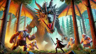 Die Schlacht mit dem Drachen: Ein furchterregender Drache ragt über die Riesen empor, während Liam sich versteckt im Wald befindet, bereit, seinen Plan auszuführen. Die Szene ist lebendig und reich an Details, die die Schuppen des Drachen, die Angst der Riesen und Liams Entschlossenheit zeigen.