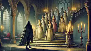 El soldado, invisible, sigue a las doce princesas por una escalera oculta iluminada por candelabros en el gran castillo.