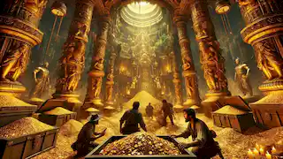 Dentro del templo dorado, Rodrigo y sus hombres contemplan montones de tesoros mientras se forman grietas en las paredes.