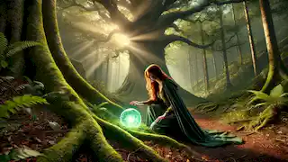 Elara se arrodilla en un bosque mágico, extendiendo la mano hacia un orbe cristalino y resplandeciente que reposa entre las raíces de un antiguo roble.