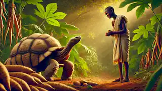 Ijapa, hablando con humildad a un amable agricultor africano en un exuberante campo de ñames, demostrando respeto y humildad.