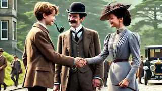 Sherlock Holmes estrechando la mano de Sir Edward mientras el Dr. Watson y Clara Mallory están de pie cerca.