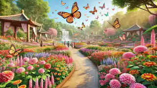 Un hermoso jardín en Shangyu, lleno de flores vibrantes y mariposas revoloteando, en memoria de los amantes.
