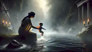 Tetis sostiene al pequeño Aquiles por el talón, sumergiéndolo en el río Estigia.