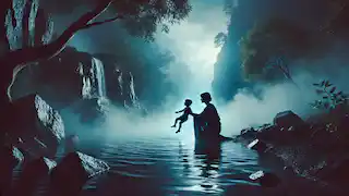 Tetis sumerge al pequeño Aquiles en el río Estigia, sosteniéndolo por el talón, mientras una neblina se eleva alrededor de las aguas místicas.