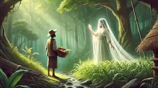 María Makiling ayuda al agricultor Juan al convocar la lluvia en un bosque vibrante, mientras él se inclina ante ella con una cesta de frutas.