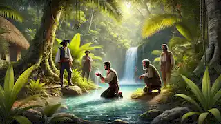 Ponce de León se arrodilla ante un manantial, acunando el agua en sus manos, rodeado de sus hombres y de una exuberante vegetación.