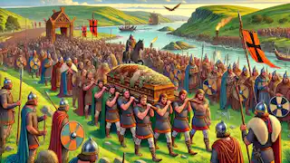 Una gran procesión fúnebre para Beowulf, el héroe y rey, en la que su cuerpo es llevado por guerreros leales.