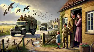 Un convoy de camiones militares llega a una aldea rural tras los ataques de aves, ofreciendo esperanza a Nat y su familia.
