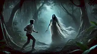 La Sayona se enfrenta a Carlos en la jungla, su figura espectral se cierne sobre él mientras él retrocede, lleno de miedo.