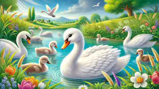 O que antes era um patinho cinza, agora é um lindo cisne branco, que nada feliz entre outros cisnes em um lago sereno.