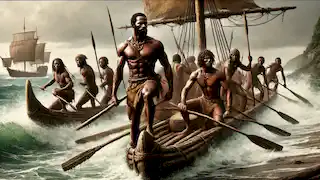 Guerreros caribes zarpando en canoas, preparándose para un ataque mientras las olas rompen en la orilla.