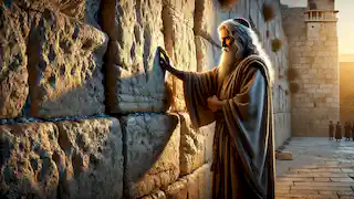 Asuero coloca su mano en el Muro de las Lamentaciones en Jerusalén, bañado por la luz del atardecer.
