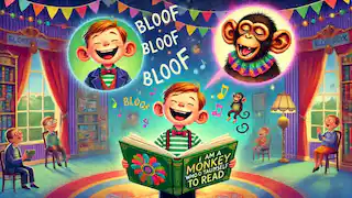 Niño leyendo en voz alta con orejas de mono imaginarias que aparecen detrás de él.