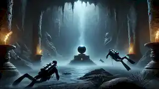Ezra y su tripulación nadan hacia la brillante perla negra en el fondo de una cueva submarina, rodeados de algas y coral.