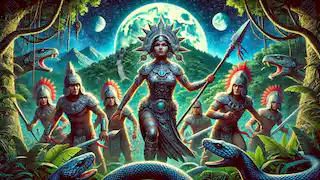 Coyolxauhqui guía a sus hermanos, los Centzon Huitznahua, a través de una densa jungla hacia Coatepec bajo un cielo estrellado.