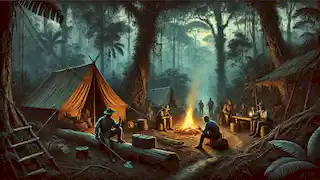 Los exploradores se reúnen alrededor de una fogata en un pequeño claro, con sus tiendas de campaña rodeadas por imponentes árboles en la jungla.
