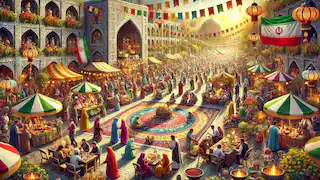 Un mercado persa decorado para Nowruz, con personas celebrando y una mesa Haft-Seen en el centro de la escena.