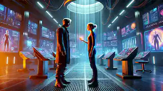 Tris se enfrenta a Jeanine en un laboratorio futurista repleto de tecnología, simbolizando la resistencia contra Erudite.