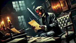 El señor Utterson lee la carta de confesión del Dr. Jekyll en un estudio poco iluminado y desordenado.