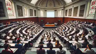 Un amphithéâtre universitaire à Londres rempli d'étudiants.