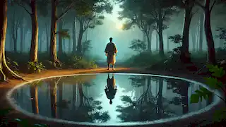Arman mira fijamente un estanque sereno, donde su reflejo revela sus dudas y temores internos durante la primera prueba.