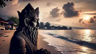 La figura de piedra de Malin Kundang en la playa al atardecer, con las olas acariciando la orilla y las montañas en la distancia.