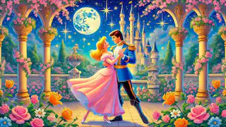 Cenicienta y el Príncipe bailan bajo las estrellas en el jardín del palacio.
