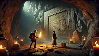 Arash y Soraya se encuentran en una cueva, frente a una imponente puerta de piedra iluminada por la luz de antorchas.