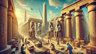 Expansión del Templo de Karnak con trabajadores y estatuas durante el reinado de un faraón.
