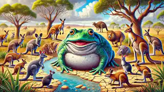 Los animales se reúnen alrededor de Tiddalik, la rana que se ha tragado toda el agua.