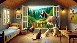 Los animales miran por la ventana de su acogedora casa hacia el exuberante bosque, luciendo tranquilos y satisfechos.