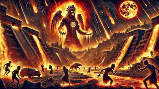 Tláloc desata una lluvia ardiente, la gente huye mientras las llamas y la lava consumen la tierra durante la destrucción del tercer sol.