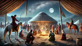 Un campamento nómada kazajo bajo la luz de la luna; los viajeros muestran sus habilidades al clan Tarlyk cerca de las yurts y las fogatas.