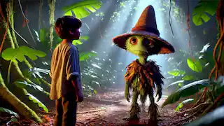 El primer encuentro de Mateo con el Duende en un claro del bosque poco iluminado, rodeado de densa vegetación.