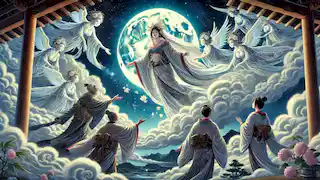 Kaguya-hime asciende hacia la Luna, acompañada de seres luminosos, mientras sus padres terrenales le dicen un adiós lleno de tristeza.