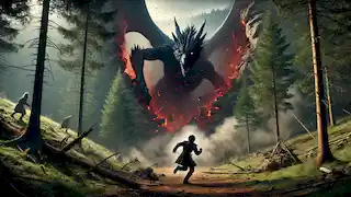 El Wyvern emerge del suelo, con sus ojos rojos brillantes fijos en Eadric, quien tropieza hacia atrás, sorprendido.