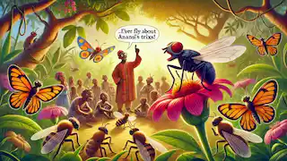 La mosca advierte a otros insectos sobre los trucos de Anansi en un vibrante y soleado bosque africano.