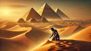 Santiago excava en la arena a los pies de las pirámides en Egipto, decidido a descubrir el tesoro.