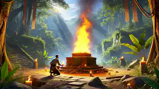 Mateo enciende el fuego sagrado en el corazón de la jungla, mientras el espíritu de Marisol se desvanece en el fondo.