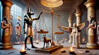 La ceremonia del Pesaje del Corazón con Anubis, Thoth y el corazón del difunto en una balanza.