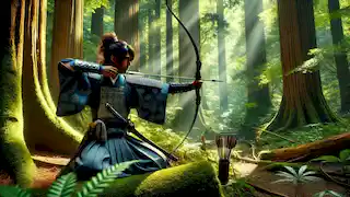 Haruto entrena con su arco y su espada en un bosque iluminado por el sol, perfeccionando sus habilidades para la batalla que se avecina.