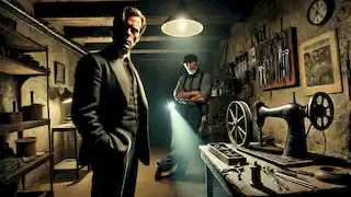 Mikael Blomkvist enfrenta a Martin Vanger en un sótano tenuemente iluminado, lleno de maquinaria antigua y herramientas.