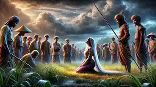 Mahsuri se arrodilla en el campo durante su ejecución, mientras los aldeanos observan con pesar, bajo un cielo tormentoso.