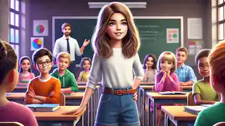 Una niña haciendo una presentación a sus compañeros de clase en el aula.