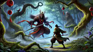 Kenta se enfrenta a un Tengu en un claro místico del bosque, con la espada desenfundada, listo para una peligrosa batalla.