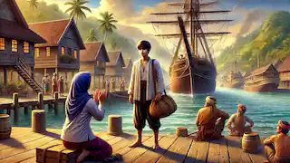 Malin Kundang se prepara para abordar un barco mientras su madre, con lágrimas en los ojos, le da su bendición, con el pueblo de fondo.