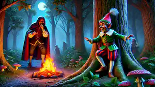 El mensajero de la reina espía a Rumpelstiltskin mientras danza alrededor de una hoguera en el oscuro bosque, cantando su nombre con alegría.