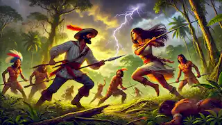 Yara, la líder de las Icamiabas, se enfrenta a Rodrigo de Escobar en un claro de la selva durante una tormenta.