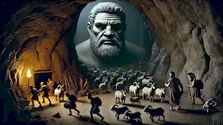 Odysseus und seine Crew sammeln leise Vorräte, während der Zyklop in einer dunklen Höhle schläft.